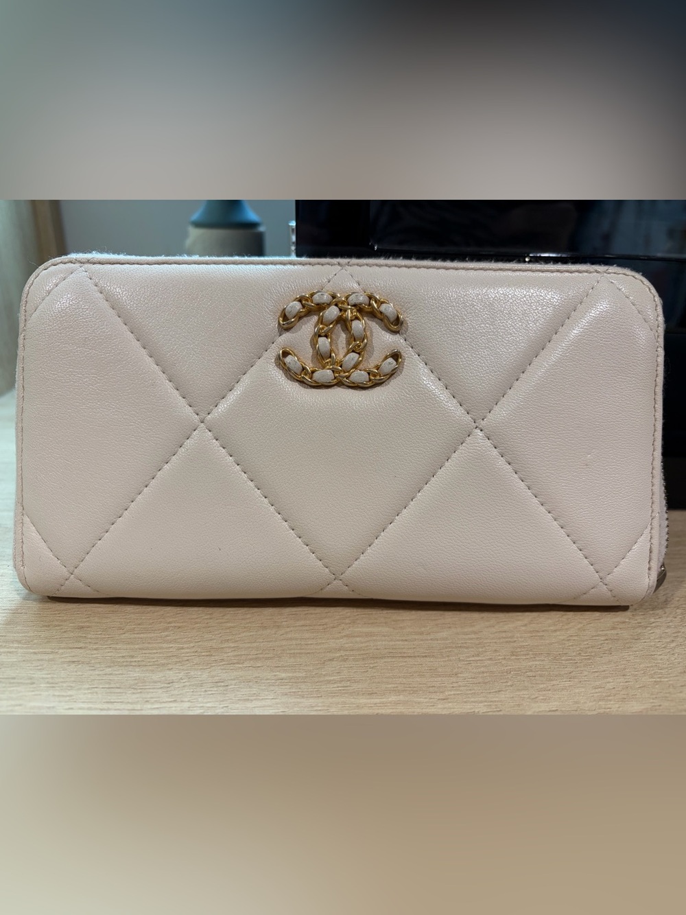 Chanel 19 Quilted Zip Around Wallet in Light beige with Gold Hardware/ Lambskin